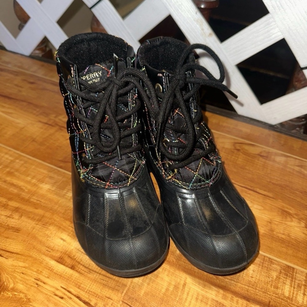 Sperry Kids Black Multi-Color Stitch Duck Boots